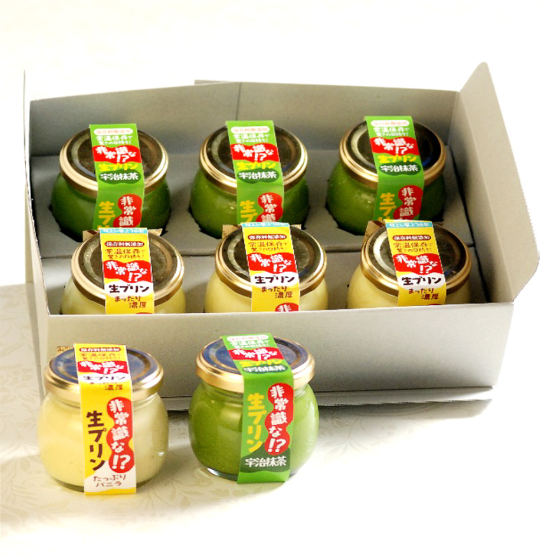 ＜送料別＞非常識な！？生プリン カスタード・宇治抹茶 詰合せ6個入り（寄付額164円）　＊常温で日持ちする贈る人、贈られる人双方が嬉しくなる、味も食感も冷蔵のプリンと変わらぬ感動のプリンです！