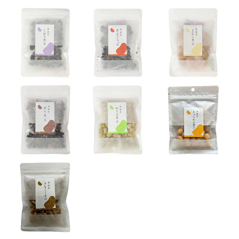 <送料込>黒豆菓子ミニ7種アソート(寄付額105円) *しぼり黒豆40g・黒豆ぐらっせ40g・きなこ黒豆40g・煎り黒豆40g・わさび黒豆40g・きゃらめる黒豆40g・きなこくるみ40gの7種の黒豆お菓子セットです。