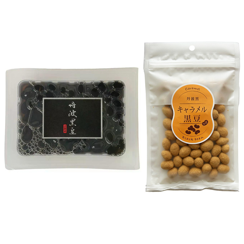 <送料込>丹波黒豆煮180gとキャラメル黒豆80gのセット(寄付額95円) *大粒2Lサイズ(10〜11mm)を使用している京都府産のこだわり黒豆と、キャラメルと煎り黒豆が絶妙に組み合わさった、口どけの良い一品、キャラメル黒豆のセットです。
