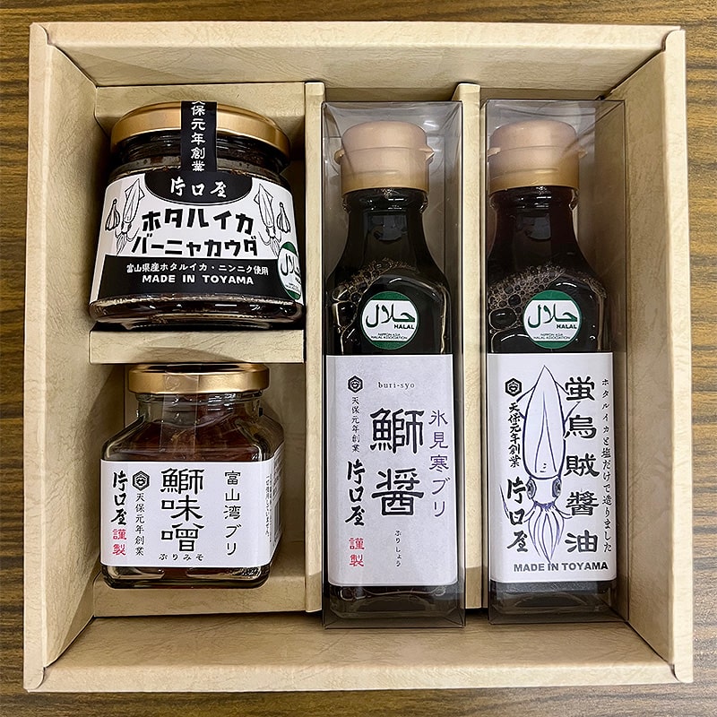 <送料別>ギフトセット(鰤魚醤/蛍烏賊魚醤/鰤味噌/ホタルイカバーニャカウダ)(寄付額184円) *鰤(ブリ)魚醤・蛍烏賊(ホタルイカ)魚醤・鰤(ブリ)味噌・ホタルイカバーニャカウダのギフトセットです。