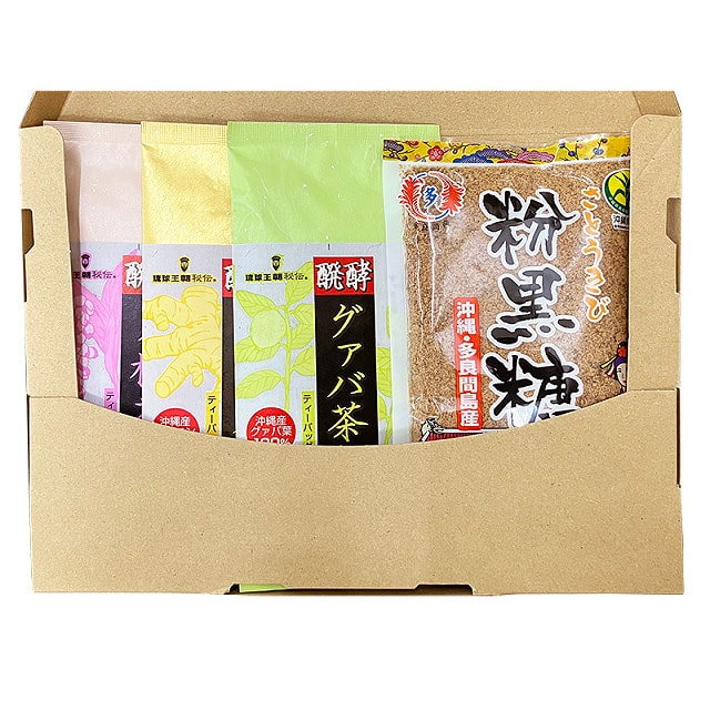 ＜送料込＞健食沖縄ギフトセットD（寄付額100円）　＊贈り物に最適な、粉黒糖、醗酵ウコン茶、醗酵グァバ茶、醗酵月桃茶の詰め合わせです。メール便でお届け致します。