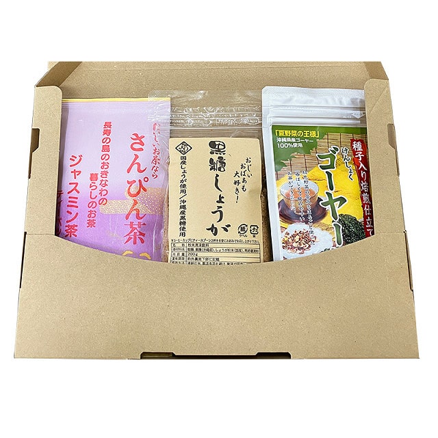 ＜送料込＞健食沖縄ギフトセットC（寄付額100円）　＊贈り物に最適な、けんしょくゴーヤー茶、おいしいお茶ならさんぴん茶、黒糖しょうがの詰め合わせです。メール便でお届け致します。